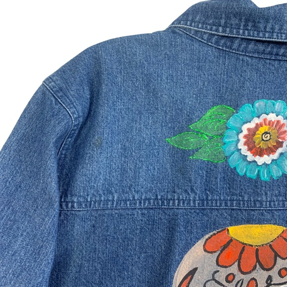 Hand Painted Blue Denim Jeans Jacket with Sugar Skull and Floral Motif - Picture 5 of 15